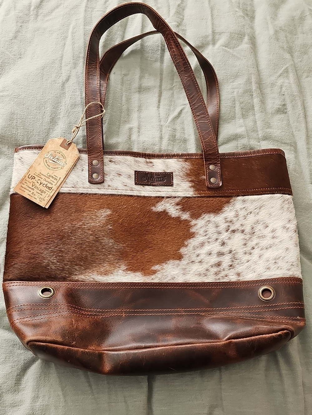 Upcycled Brown & White Leather Cowhide Tote Bag